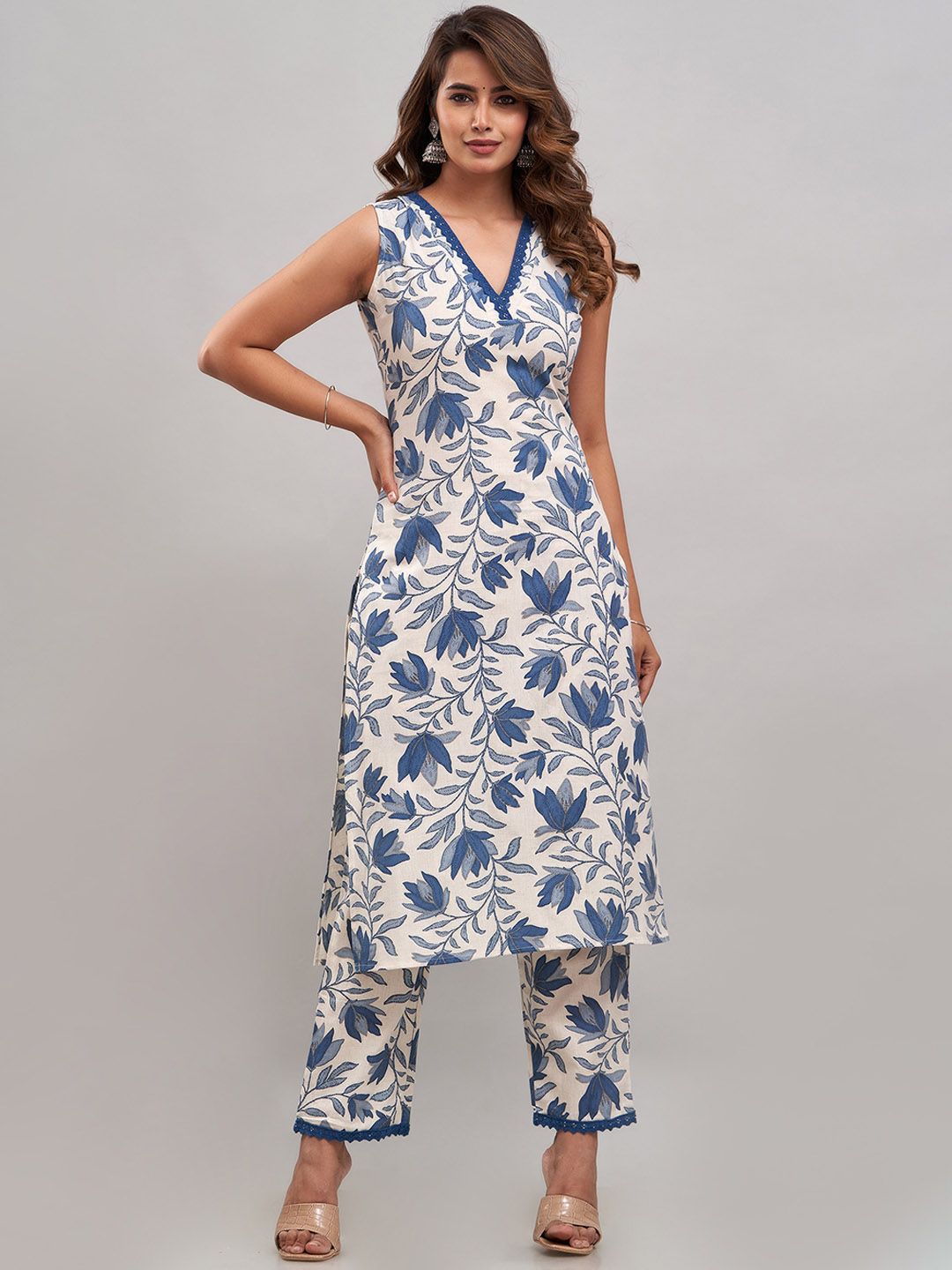 White & Grey Printed Cotton Sleevless Co-rd set, 2pc, TK164