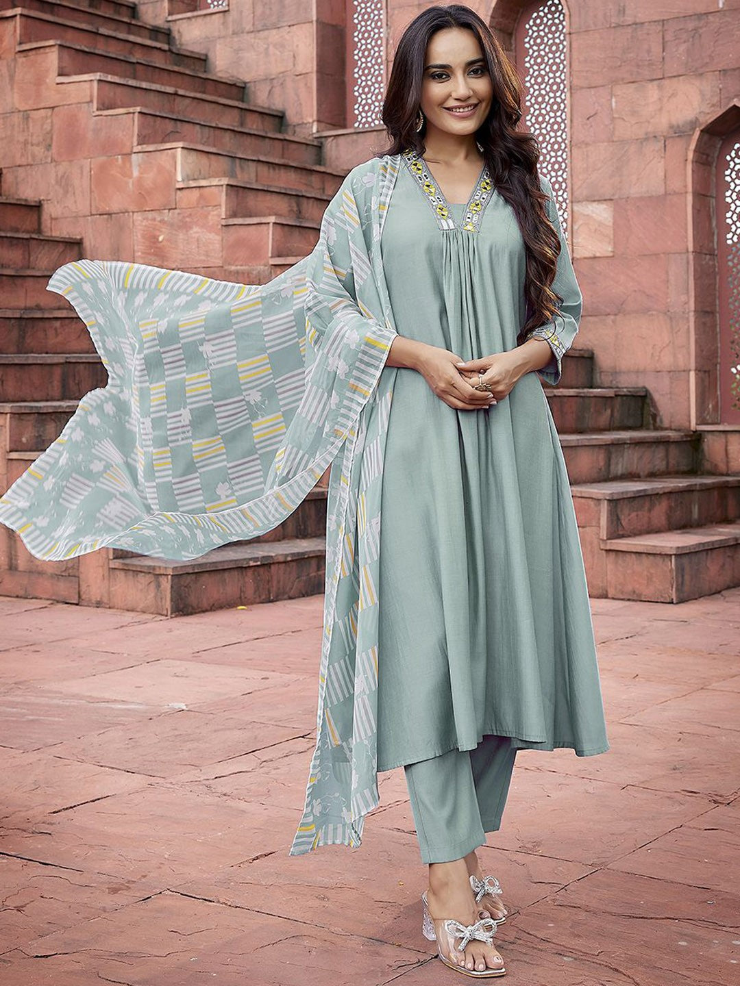 Yoke Design with Mirror Work & Solid Flared Viscose Kurta Pant with Dupatta, 3pc, TK208-209