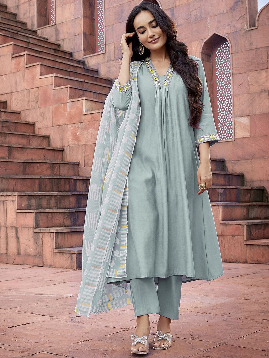Yoke Design with Mirror Work & Solid Flared Viscose Kurta Pant with Dupatta, 3pc, TK208-209