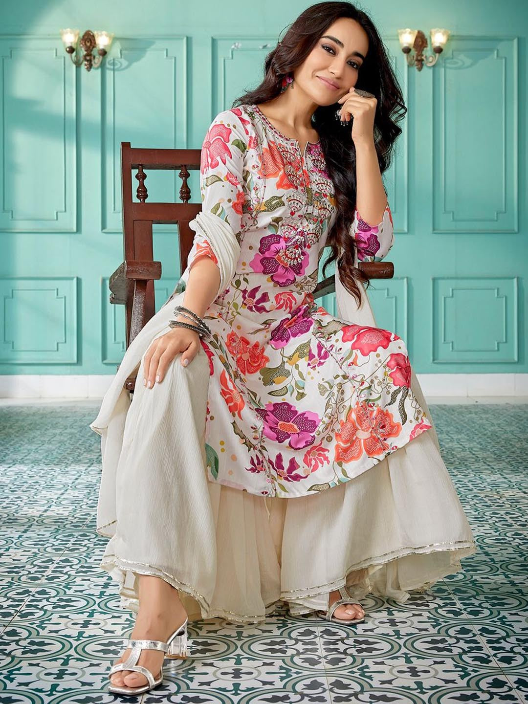 Multicolored Floral n Mirror Work Embroidered Viscose Straight Kurta Sharara with Dupatta, 3pc, TK207