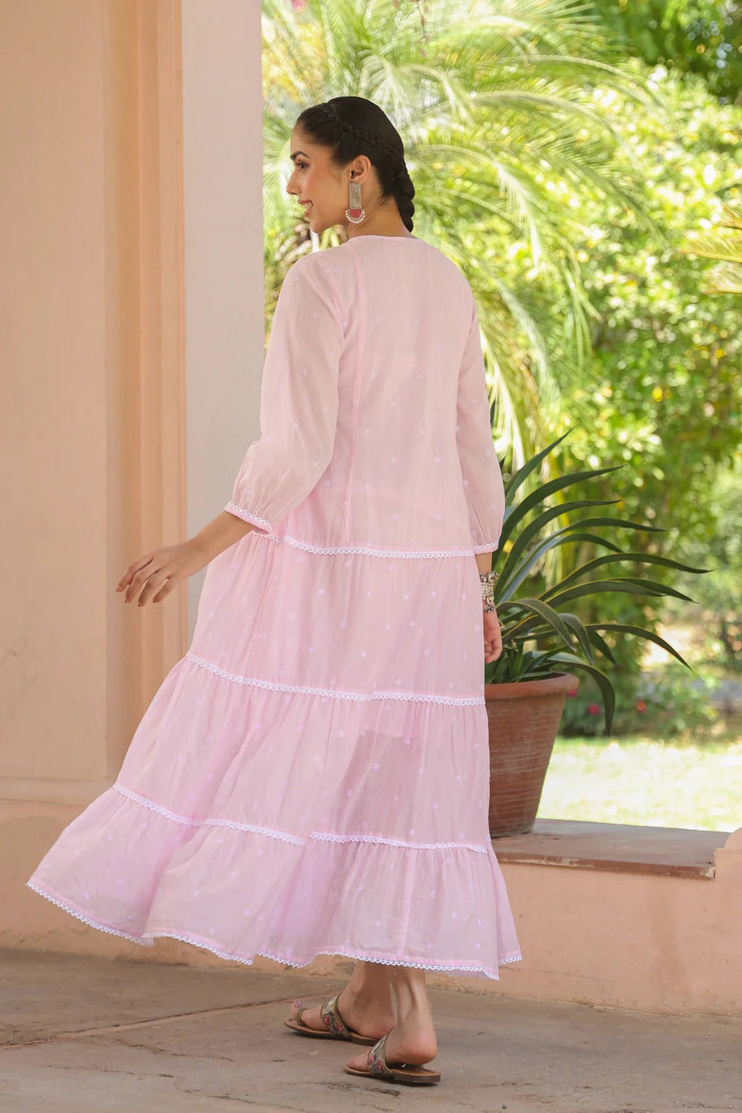 Pink Cotton Mulmul Embroidered Tiered Maxi Dress