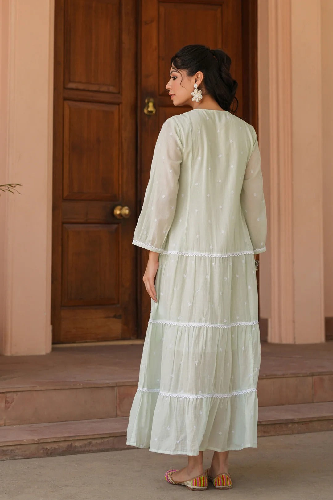 Pistagreen Cotton Mulmul Embroidered Tiered Maxi Dress
