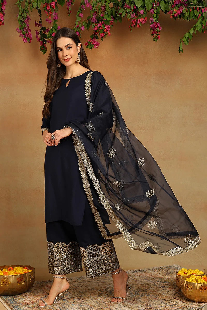 Navy Blue Silk Blend Solid Embroidered Straight Suit Set