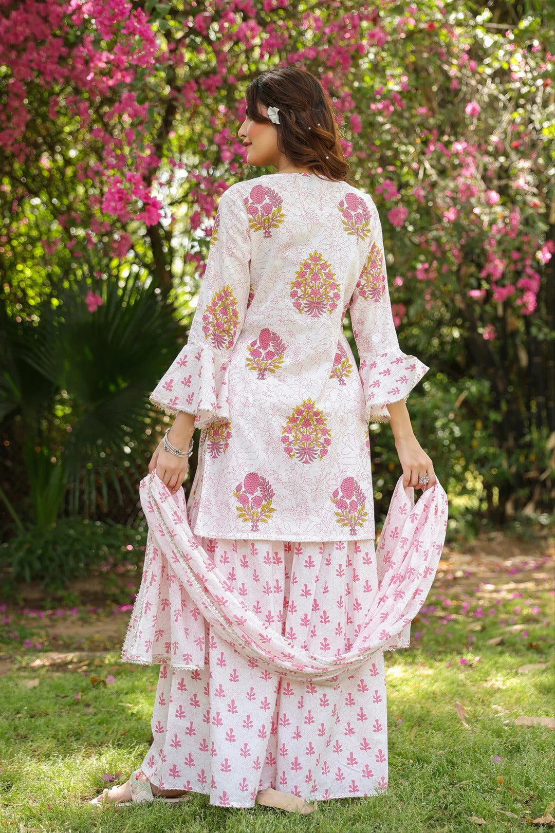 Pink Cotton Cambric Block-Printed Embroidered Sharara Set