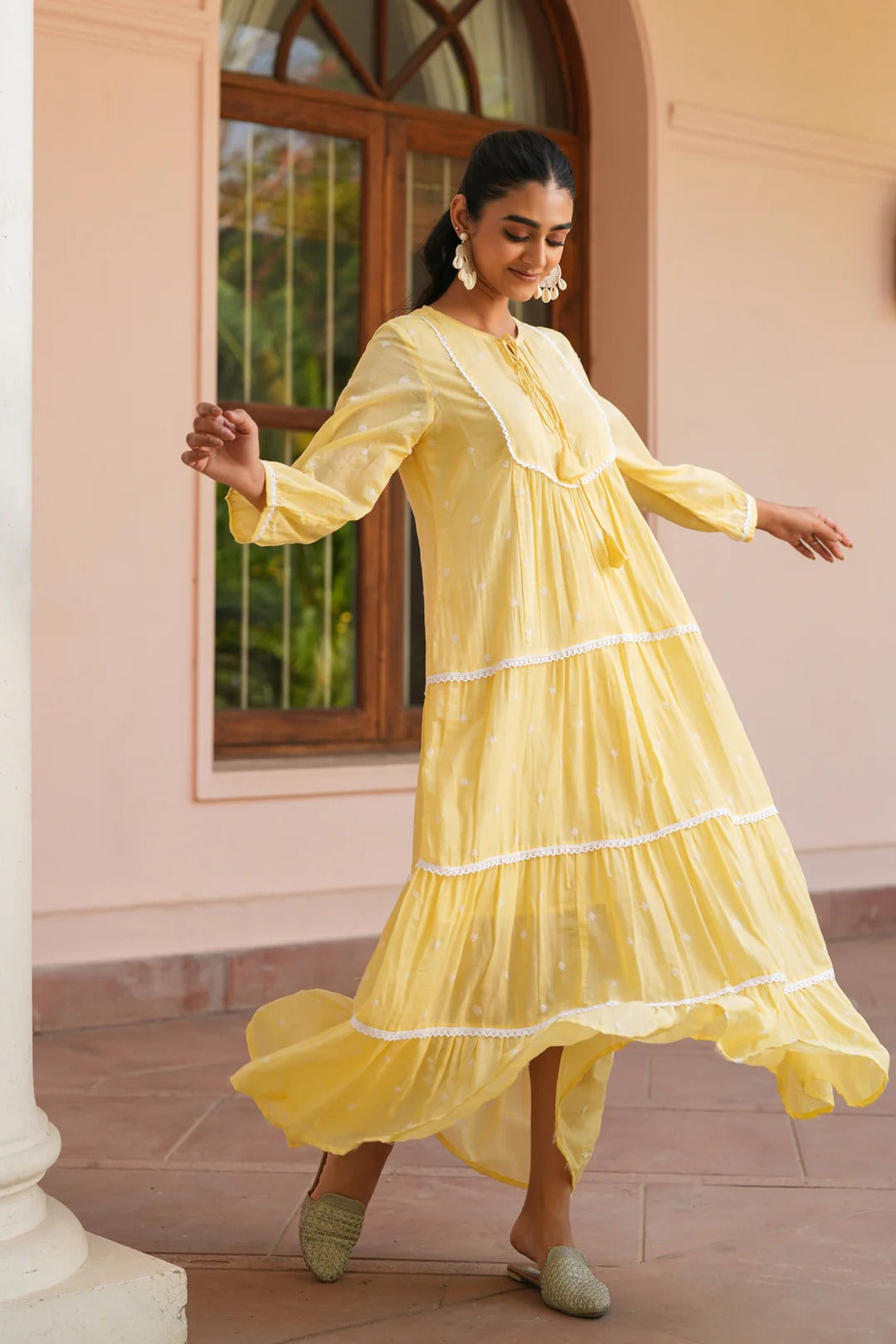 Mustard Cotton Mulmul Embroidered Tiered Maxi Dress