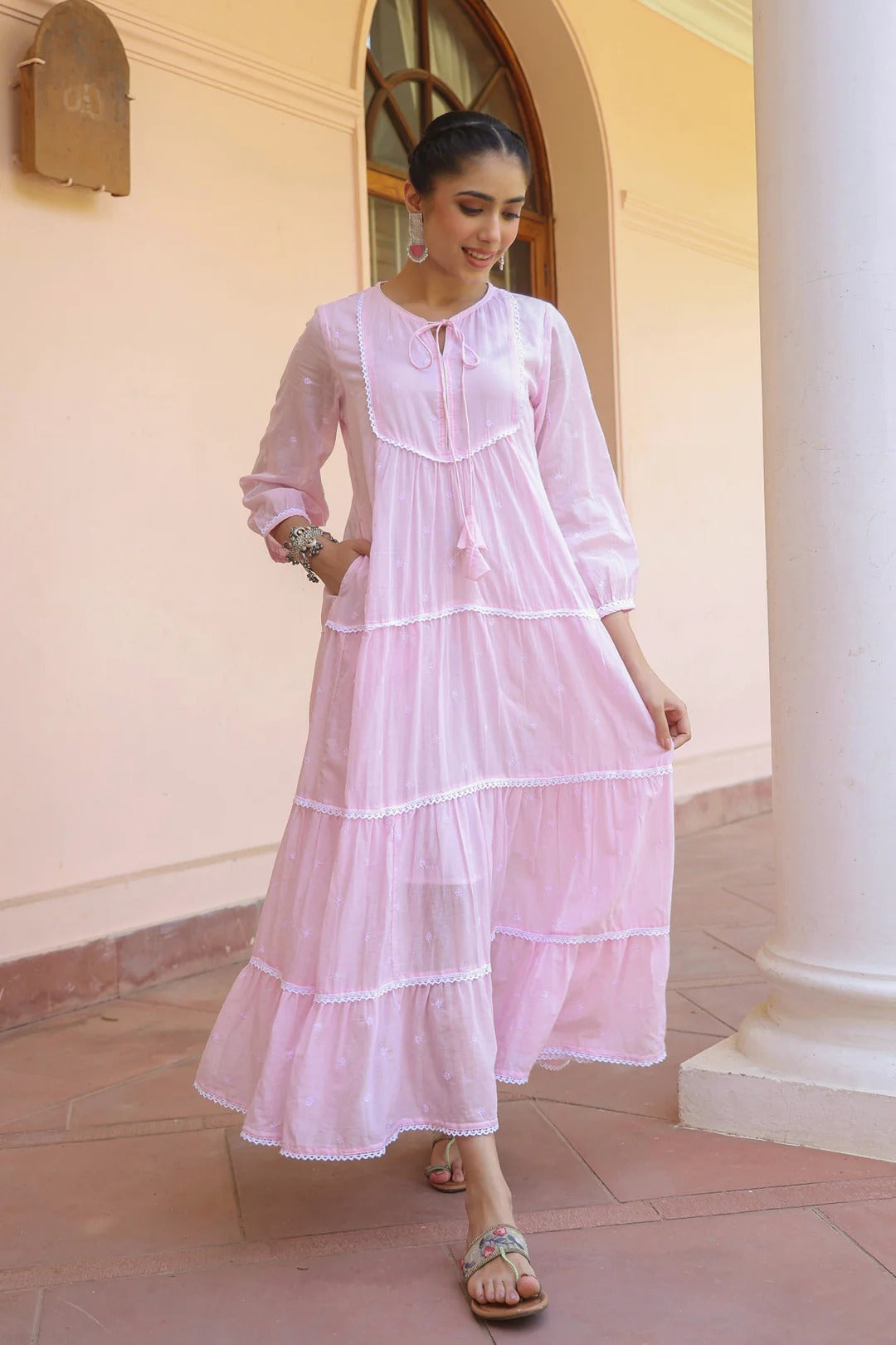 Pink Cotton Mulmul Embroidered Tiered Maxi Dress
