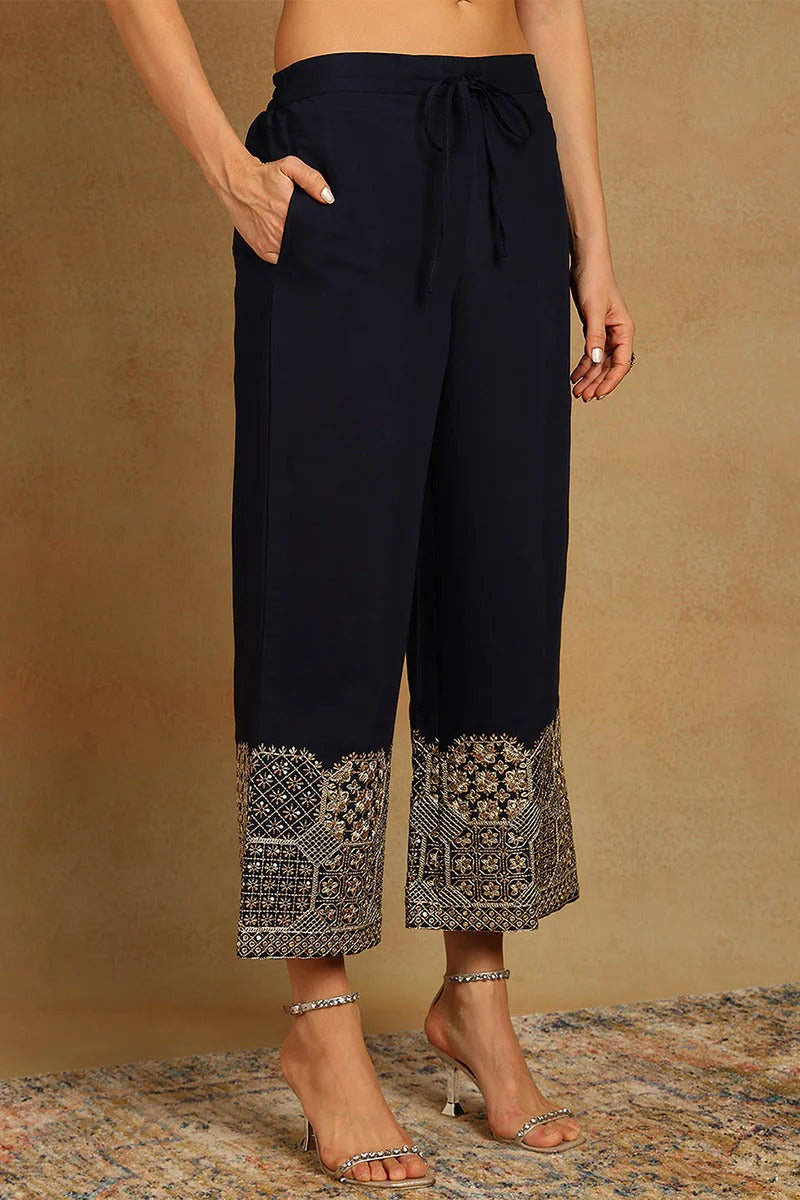 Navy Blue Silk Blend Solid Embroidered Straight Suit Set