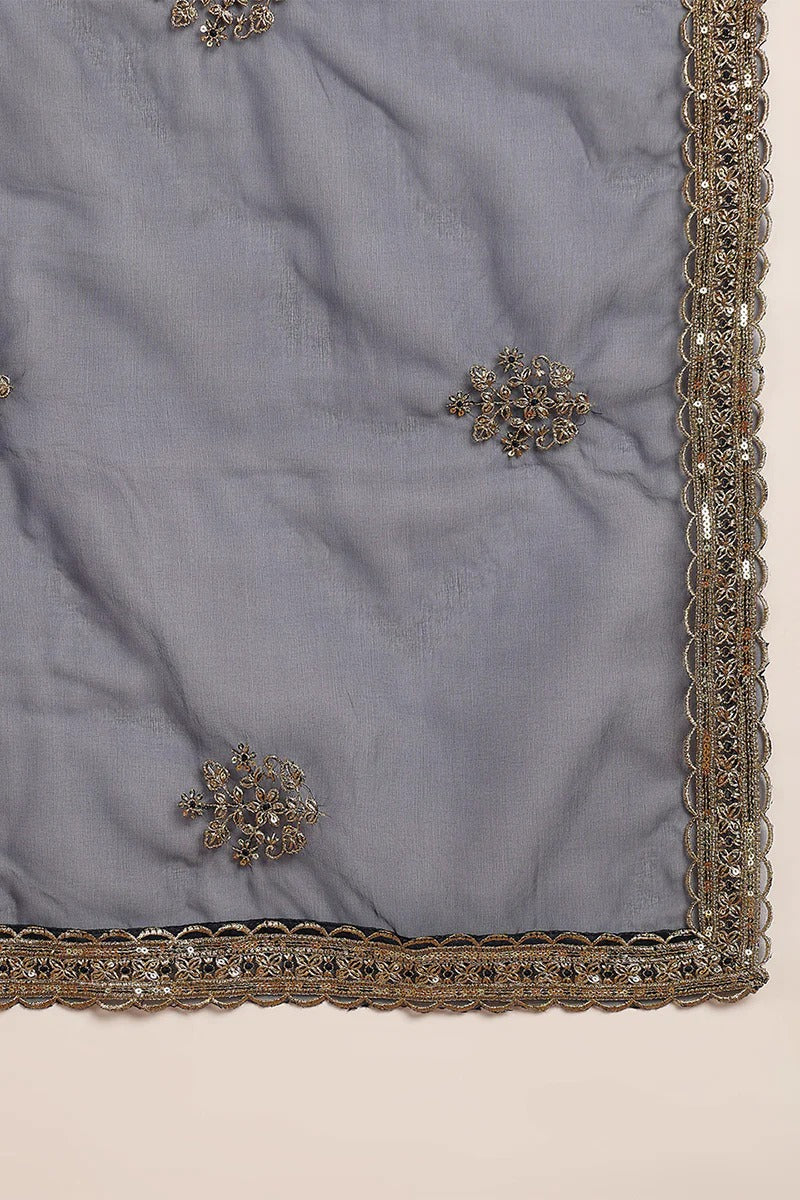 Navy Blue Silk Blend Solid Embroidered Straight Suit Set