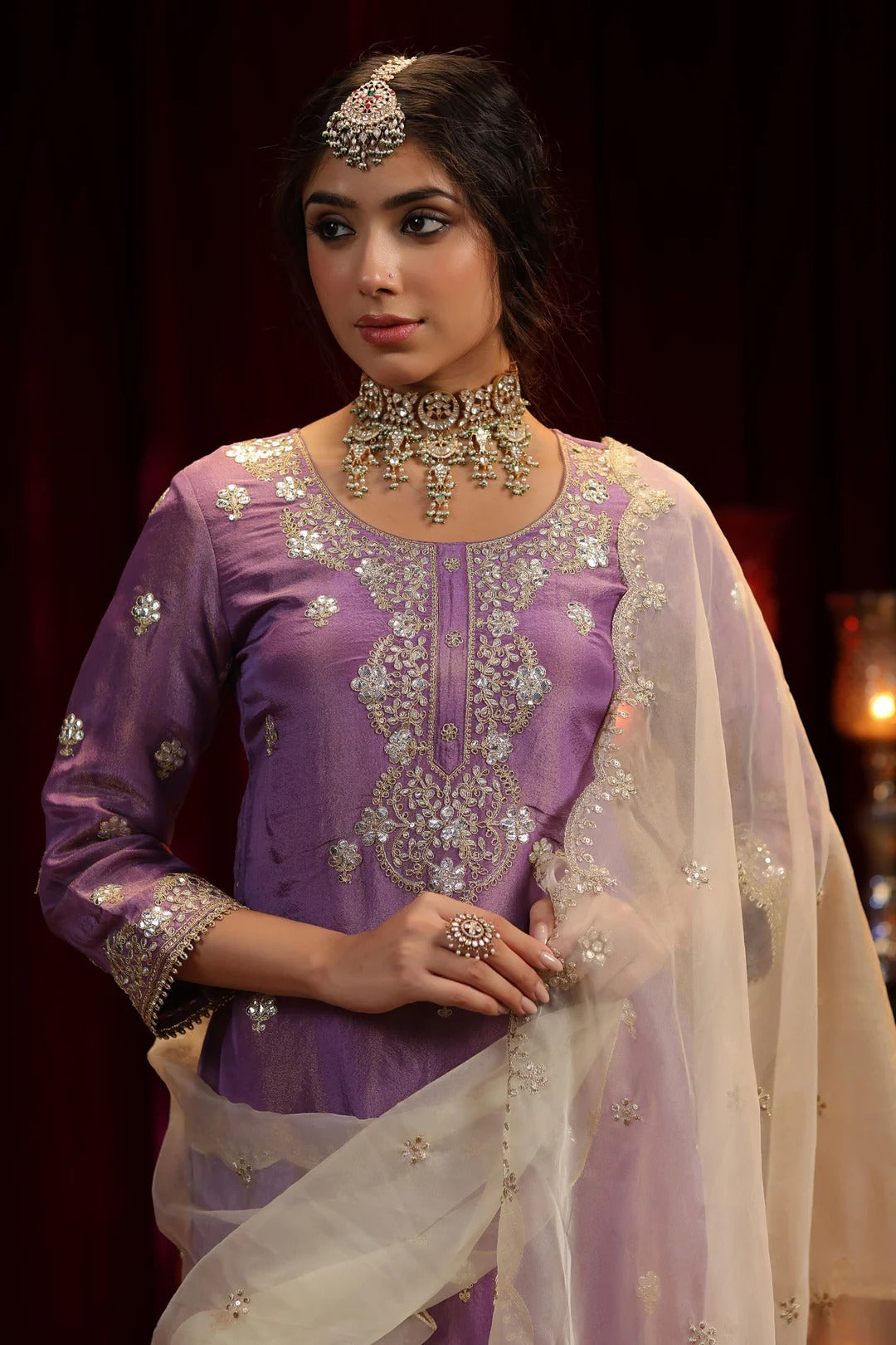 Purple-Ivory Shimmer Organza Dori-Gota Work Sharara Set