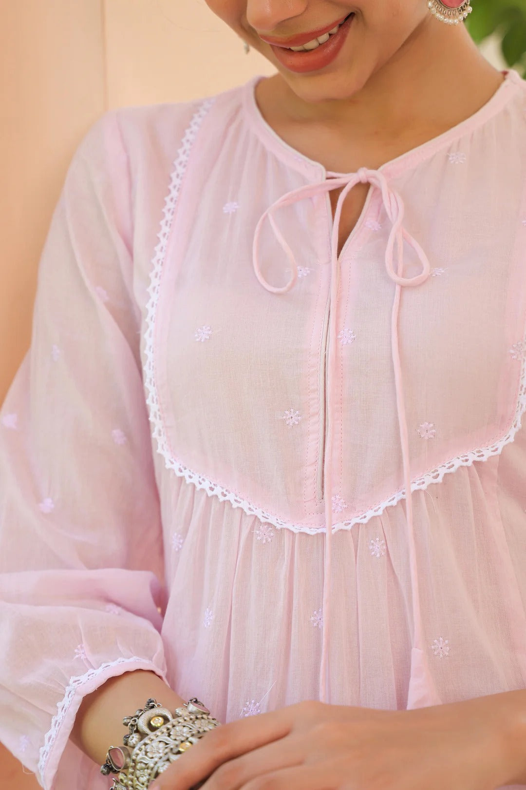 Pink Cotton Mulmul Embroidered Tiered Maxi Dress