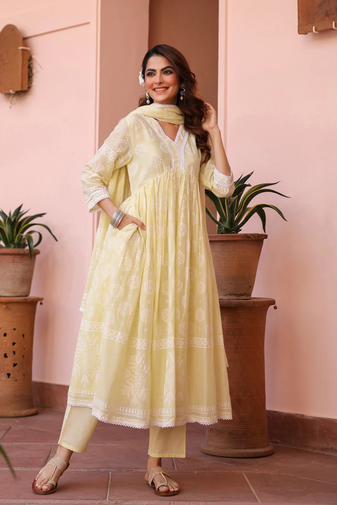 Lime Green Cotton Mulmul Khari Printed Gathered Anarkali Set