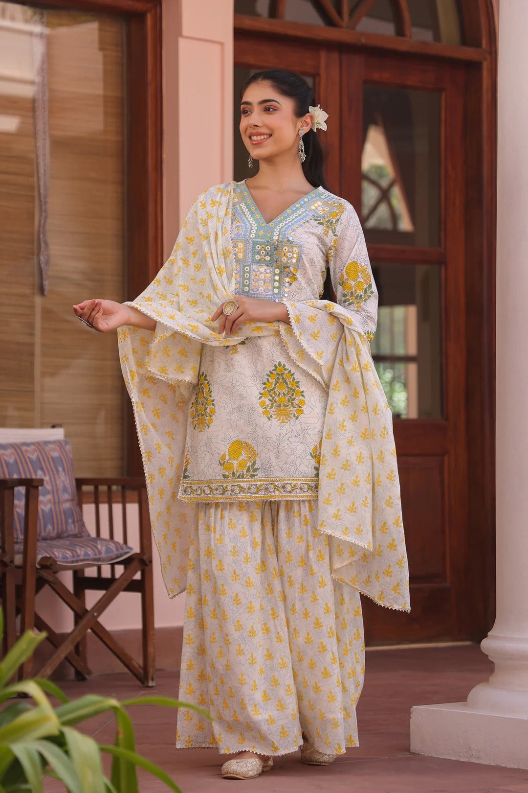 Yellow Cotton Cambric Block-Printed Embroidered Sharara Set