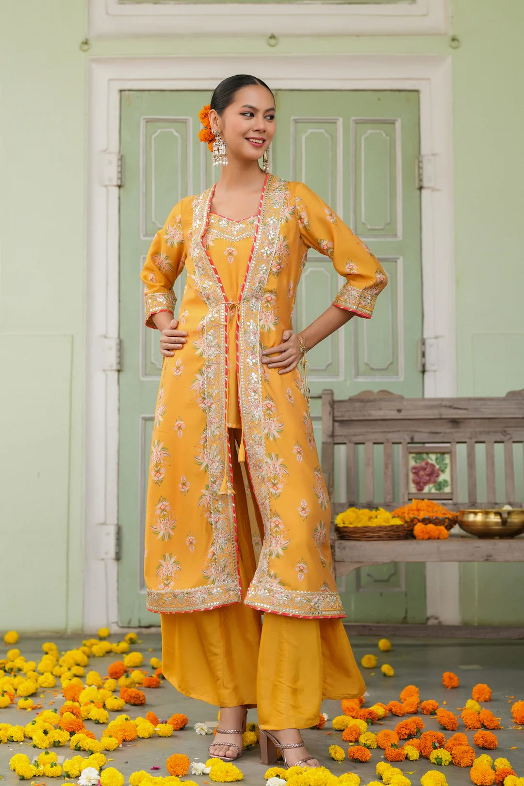 Mustard Chanderi Silk Floral Printed Shrug Set