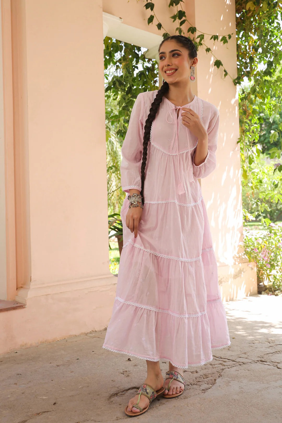 Pink Cotton Mulmul Embroidered Tiered Maxi Dress