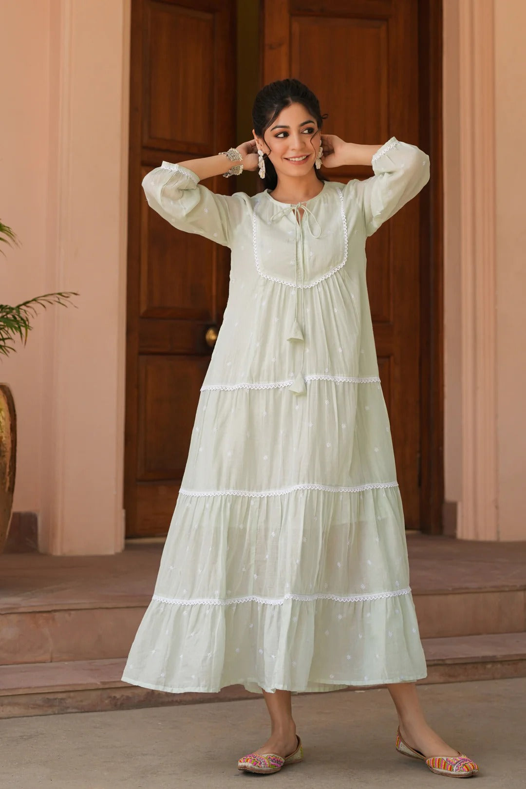 Pistagreen Cotton Mulmul Embroidered Tiered Maxi Dress
