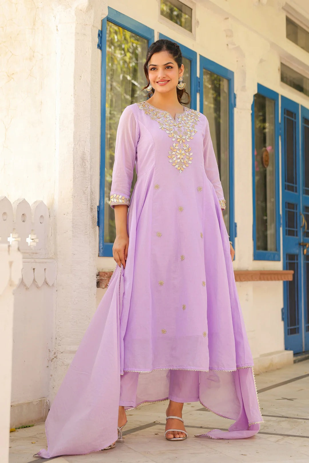 Lavender Mulmul Gota Patti & Zari Embroidered Anarkali Set