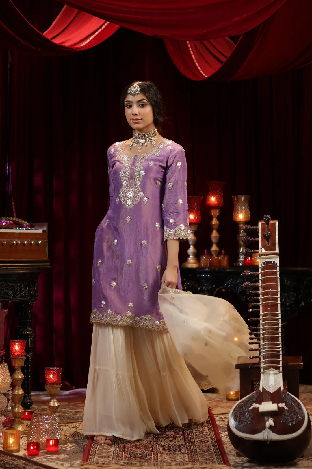Purple-Ivory Shimmer Organza Dori-Gota Work Sharara Set