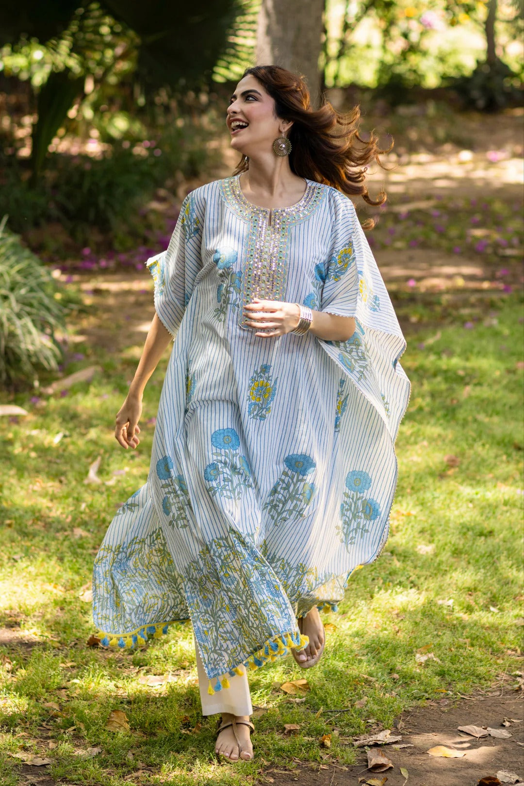 Blue Striped-Floral Cotton Block Printed Kaftan Set