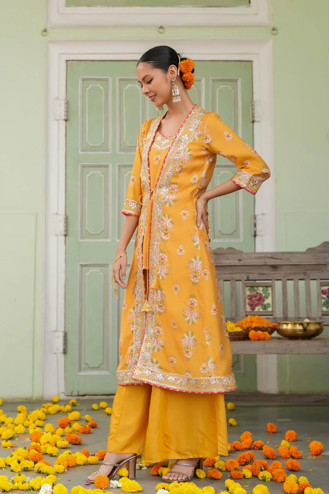 Mustard Chanderi Silk Floral Printed Shrug Set
