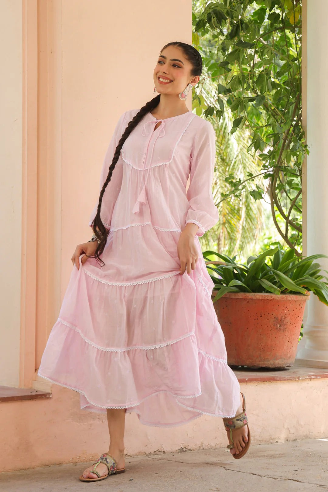 Pink Cotton Mulmul Embroidered Tiered Maxi Dress