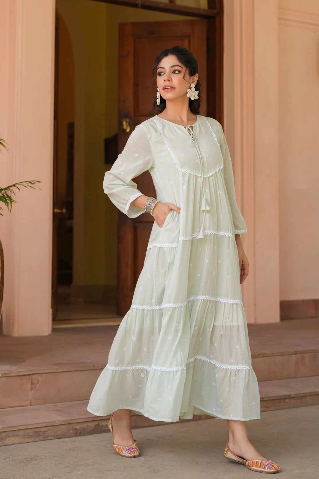 Pistagreen Cotton Mulmul Embroidered Tiered Maxi Dress