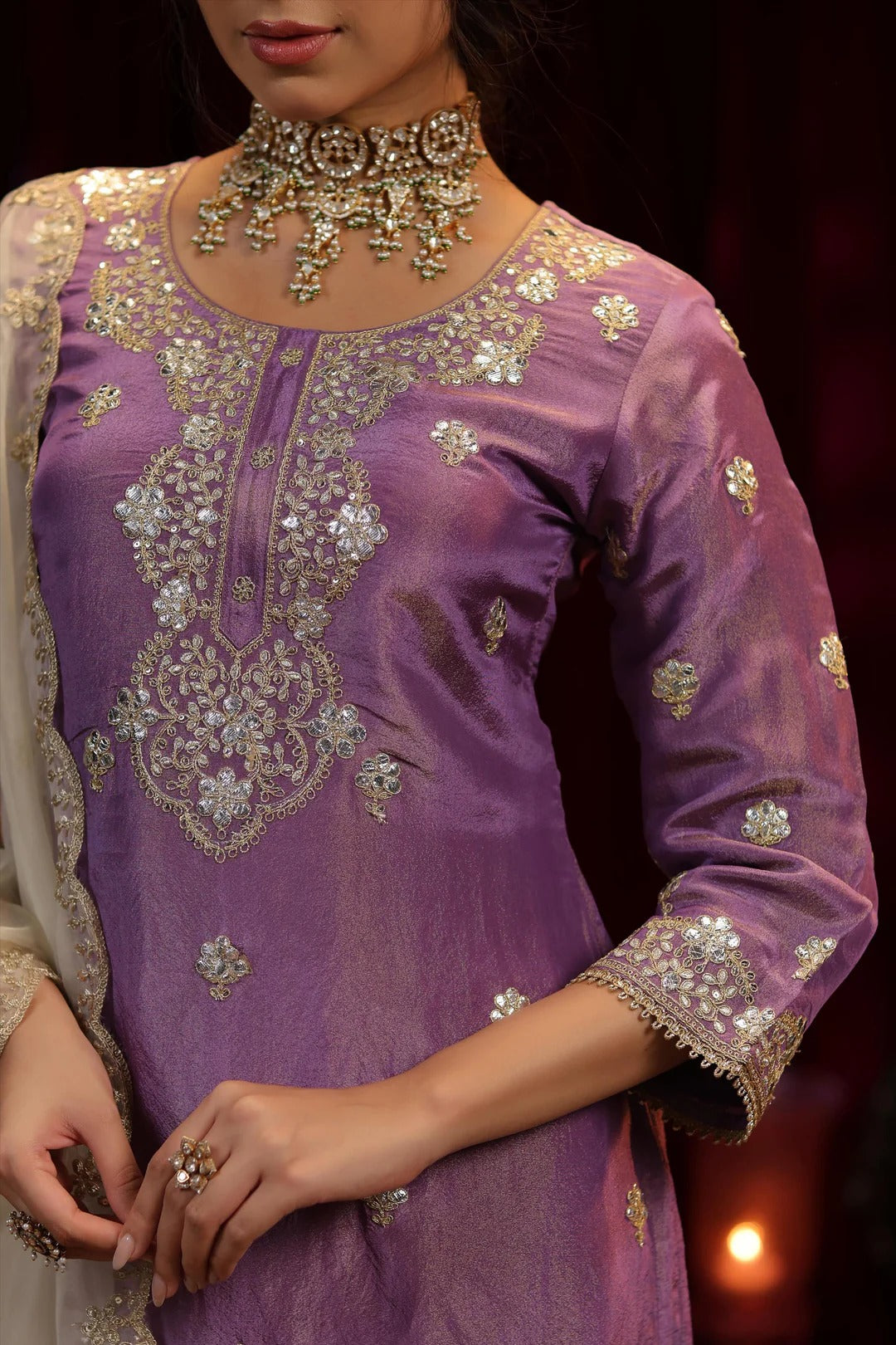 Purple-Ivory Shimmer Organza Dori-Gota Work Sharara Set