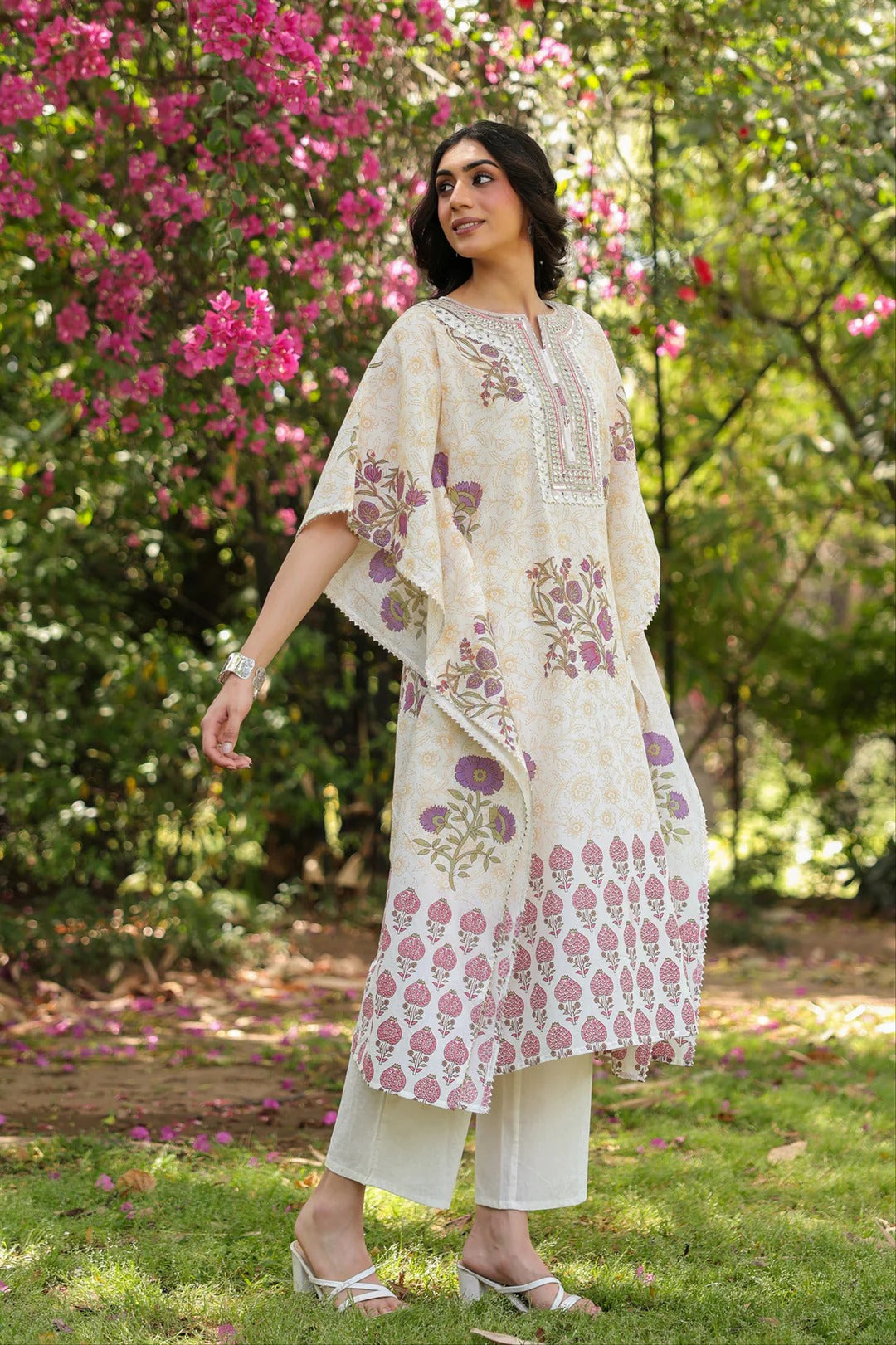 Purple Jaal-Motifs Cotton Block Printed Kaftan Set