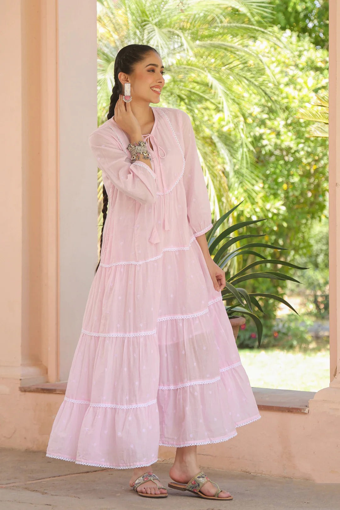 Pink Cotton Mulmul Embroidered Tiered Maxi Dress