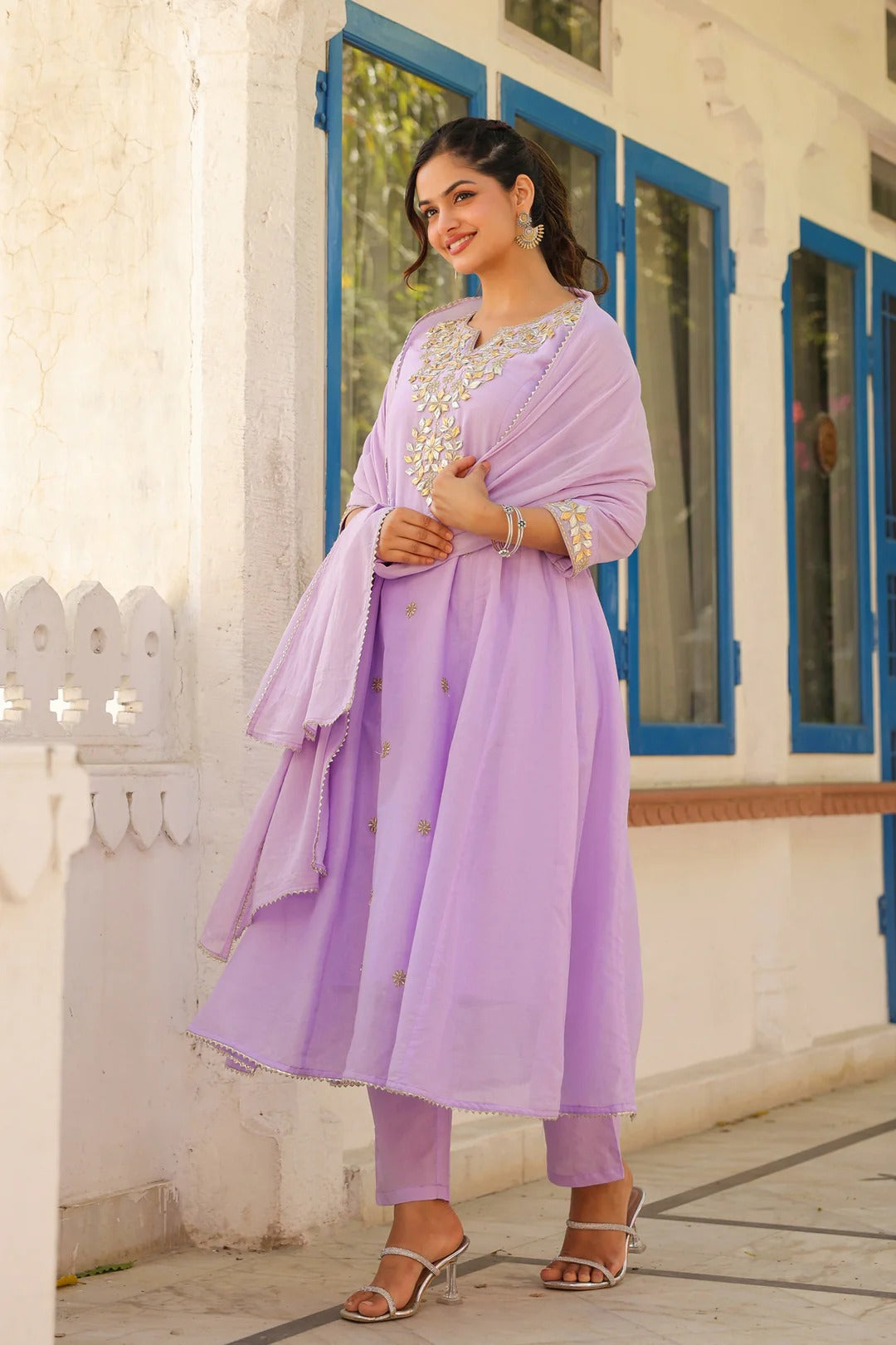 Lavender Mulmul Gota Patti & Zari Embroidered Anarkali Set