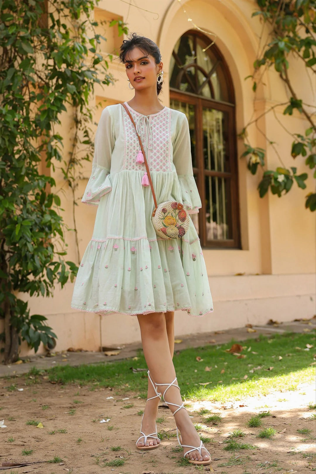 Pistagreen Cotton Mulmul Embroidered Midi Dress