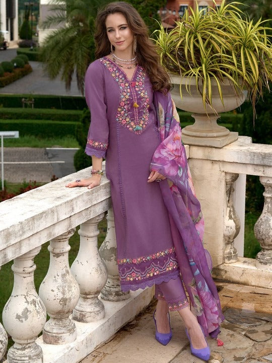 Premium Floral Yoke Design Thread Work A-Line Kurta With Trousers & Dupatta