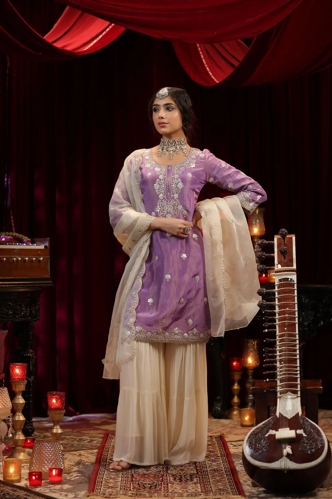 Purple-Ivory Shimmer Organza Dori-Gota Work Sharara Set