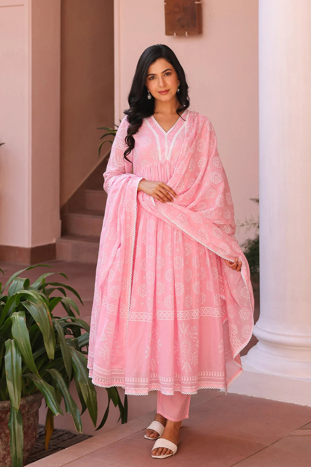 Pink Cotton Mulmul Khari Printed Gathered Anarkali Set
