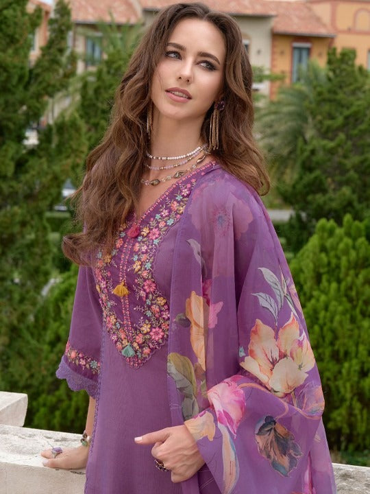 Premium Floral Yoke Design Thread Work A-Line Kurta With Trousers & Dupatta