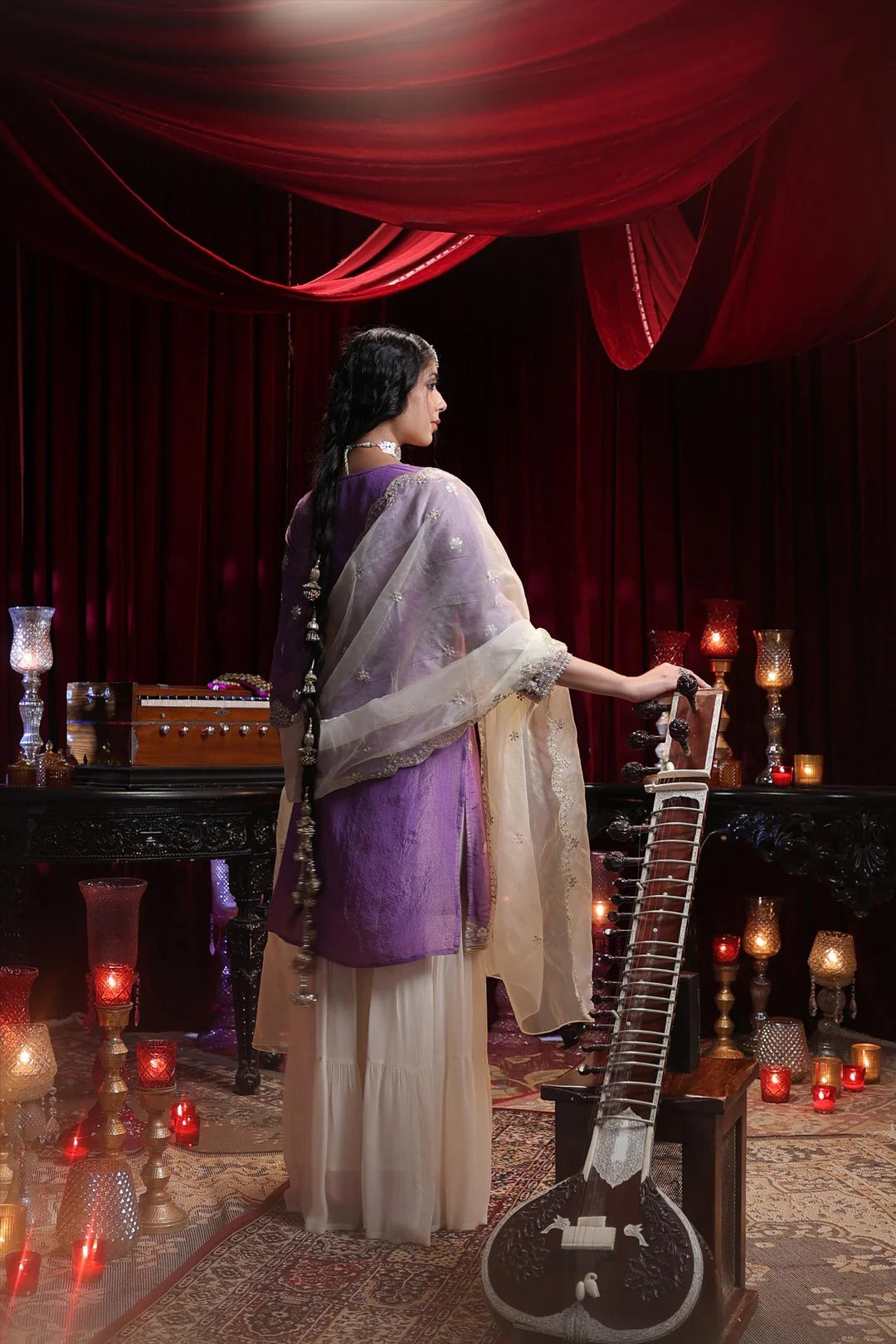 Purple-Ivory Shimmer Organza Dori-Gota Work Sharara Set