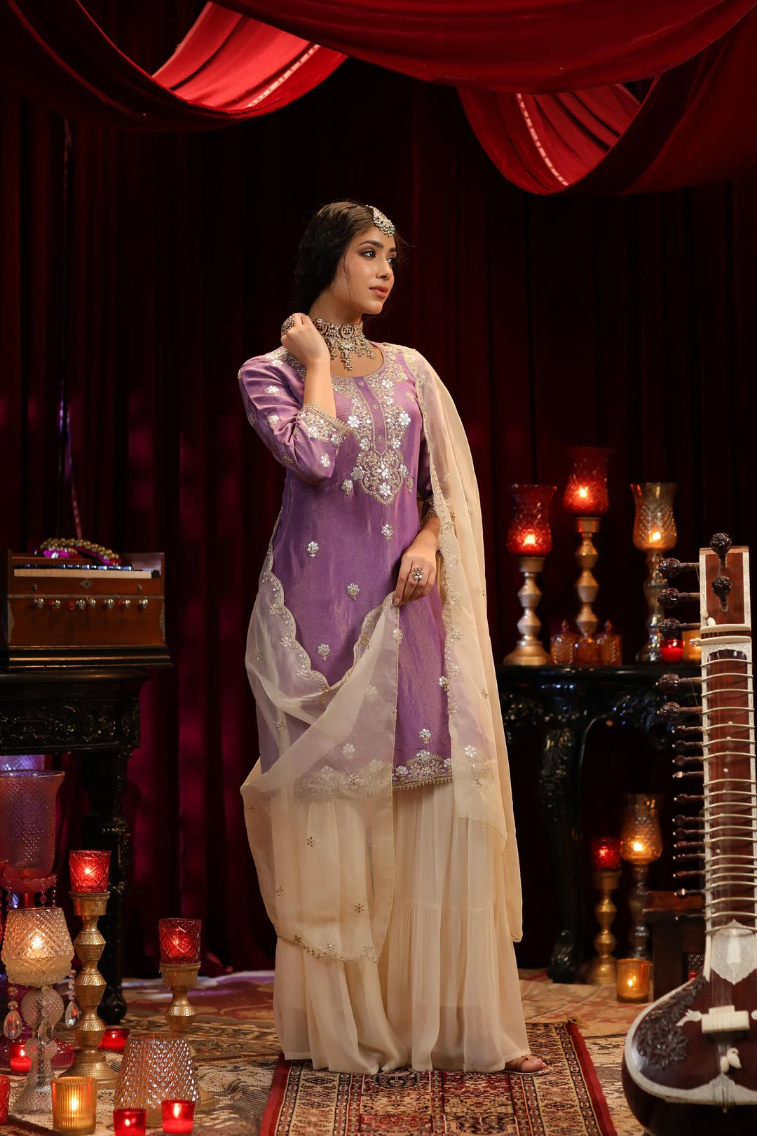 Purple-Ivory Shimmer Organza Dori-Gota Work Sharara Set