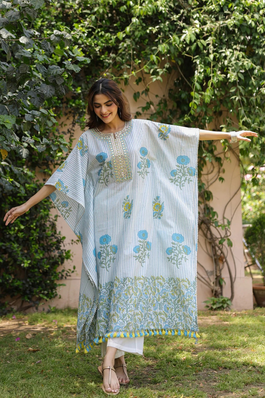 Blue Striped-Floral Cotton Block Printed Kaftan Set