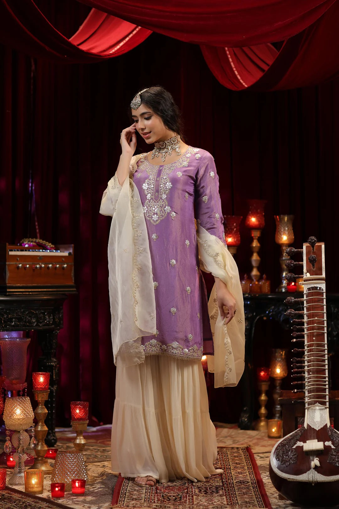 Purple-Ivory Shimmer Organza Dori-Gota Work Sharara Set