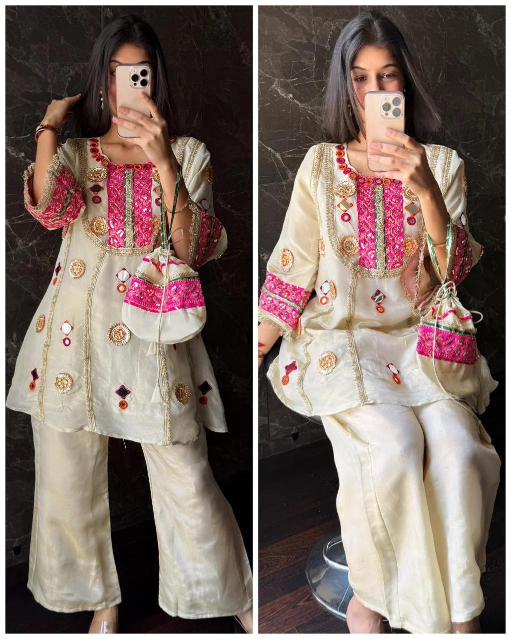 Premium Tissue Silk & Gotta Coord Set With Mirror Work & Potli