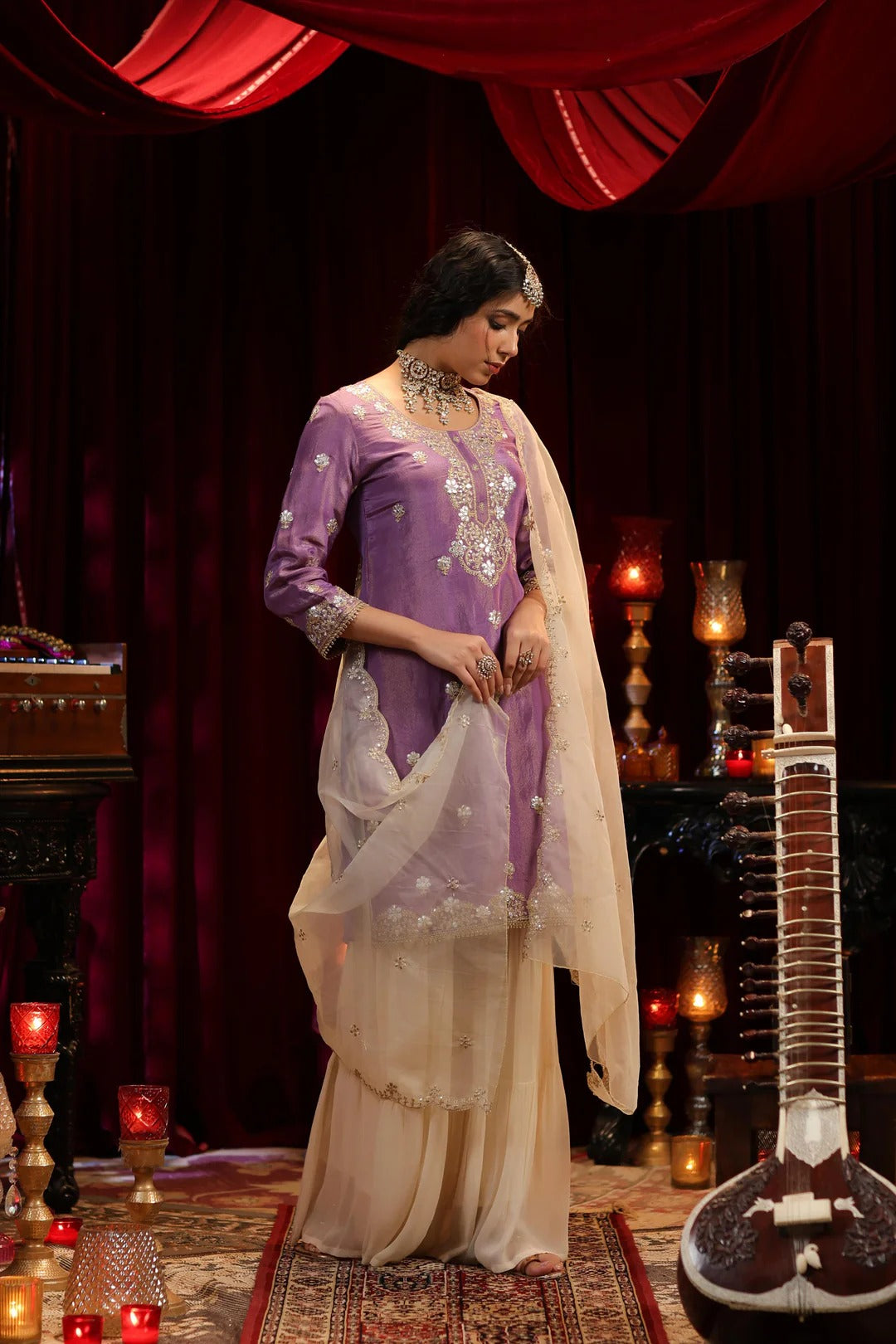 Purple-Ivory Shimmer Organza Dori-Gota Work Sharara Set