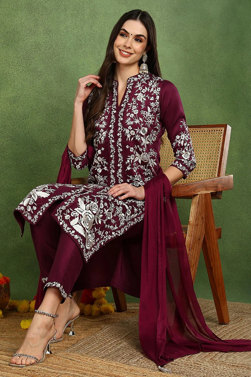 Purple Silk Blend Solid Embroidered Straight Suit Set