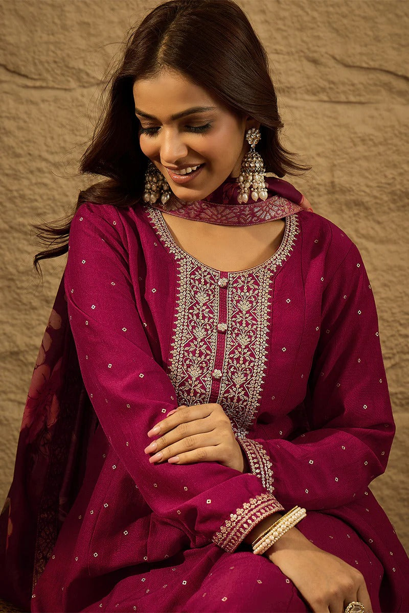 Maroon Pure Silk Bandhani Embroidered Anarkali Suit Sets