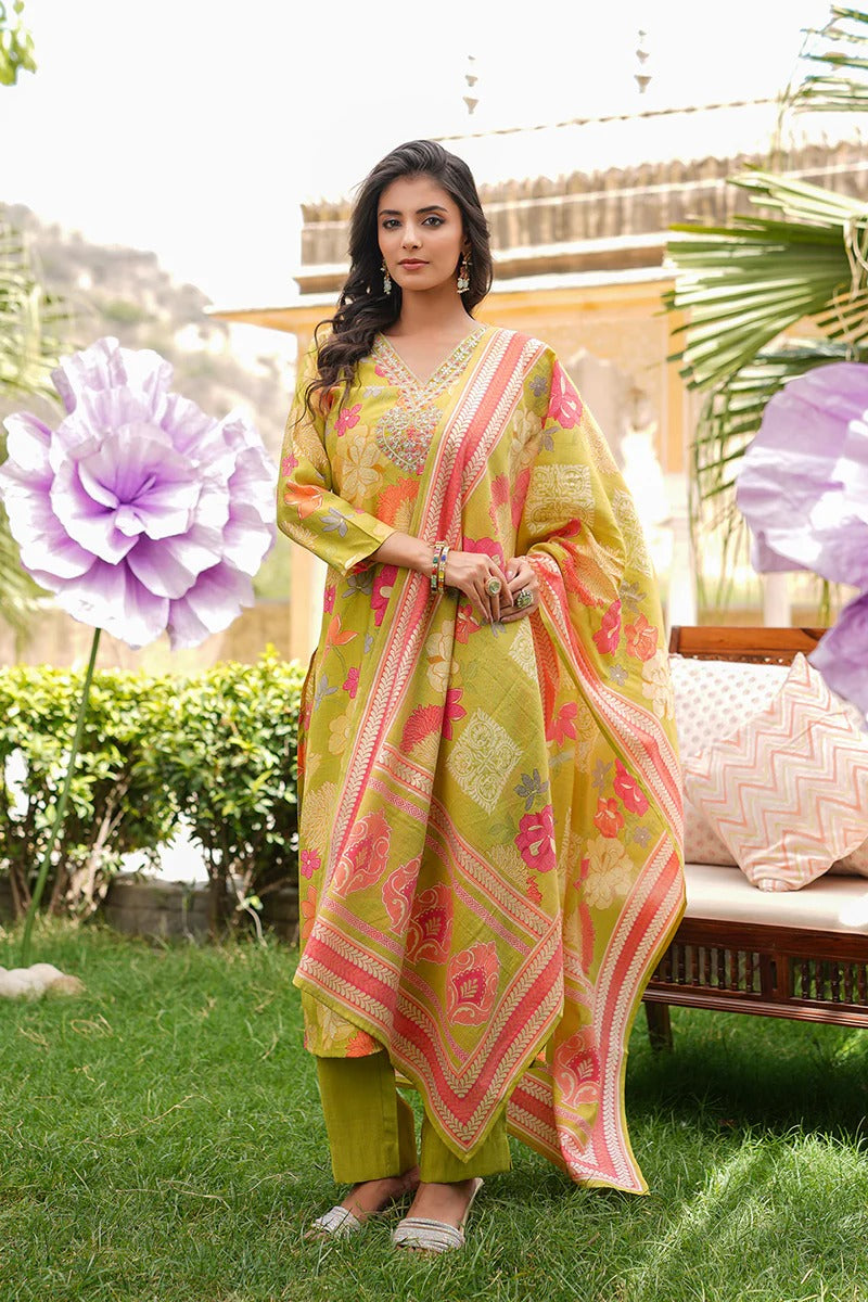 Lime Green Viscose Rayon Floral Embroidered Straight Kurta Trousers With Dupatta