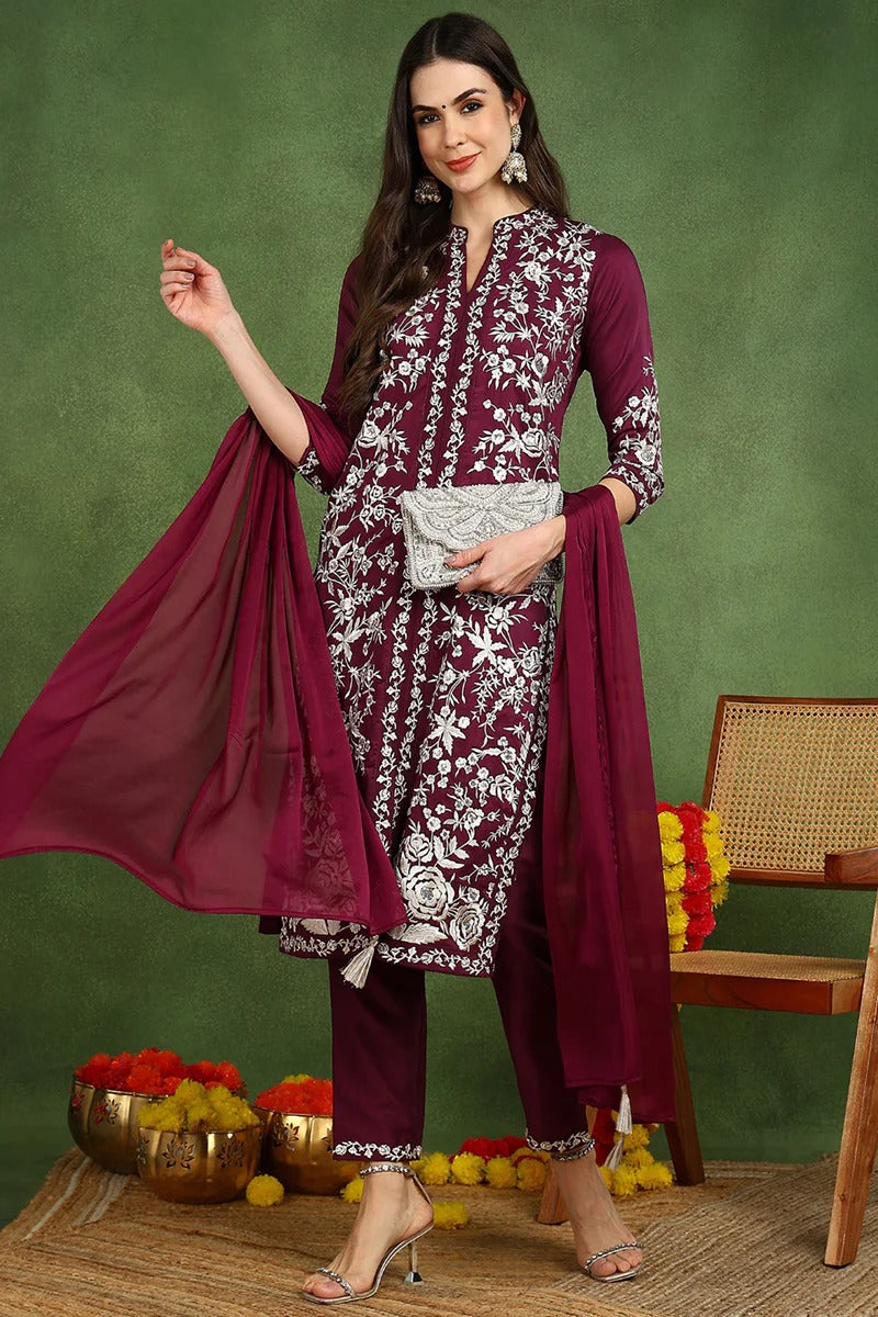 Purple Silk Blend Solid Embroidered Straight Suit Set