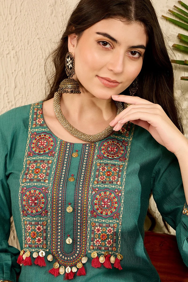 Teal Green Embroidered Viscose Rayon Straight Salwar Bottom Kurta Set