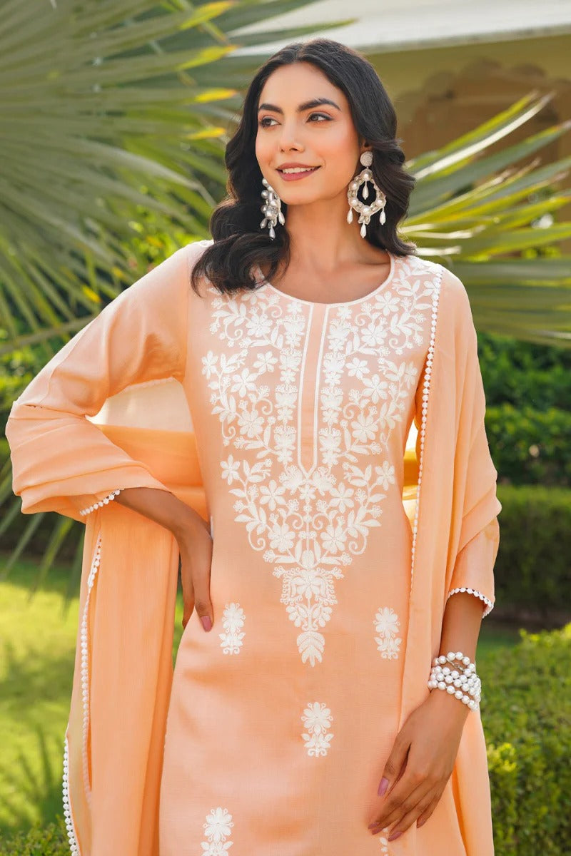 Peach Viscose Solid Embroidered Straight Kurta Palazzo With Dupatta