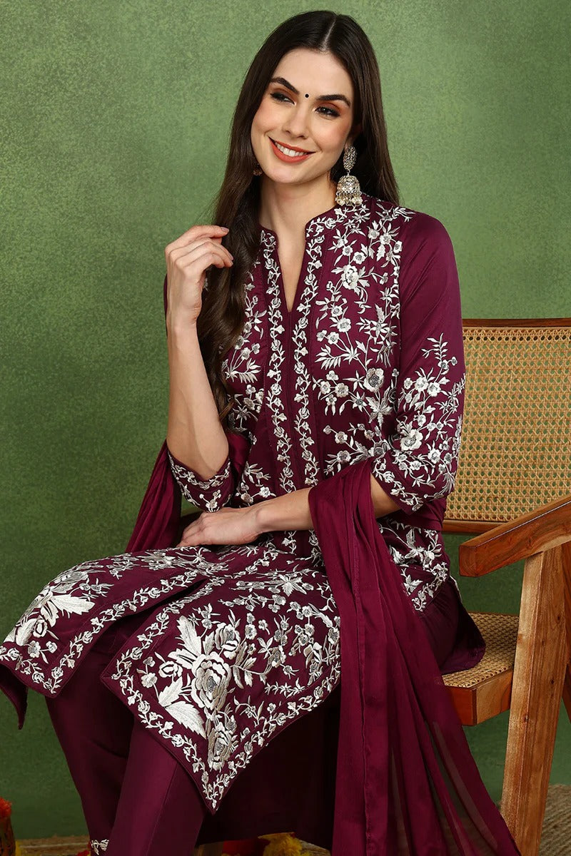 Purple Silk Blend Solid Embroidered Straight Suit Set