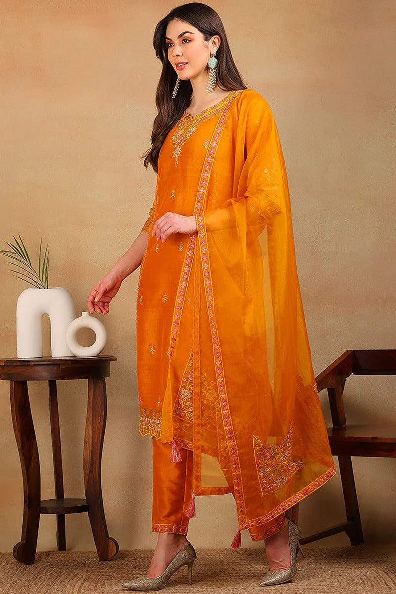 Mustard Silk Blend Solid Embroidered Straight Suit Set