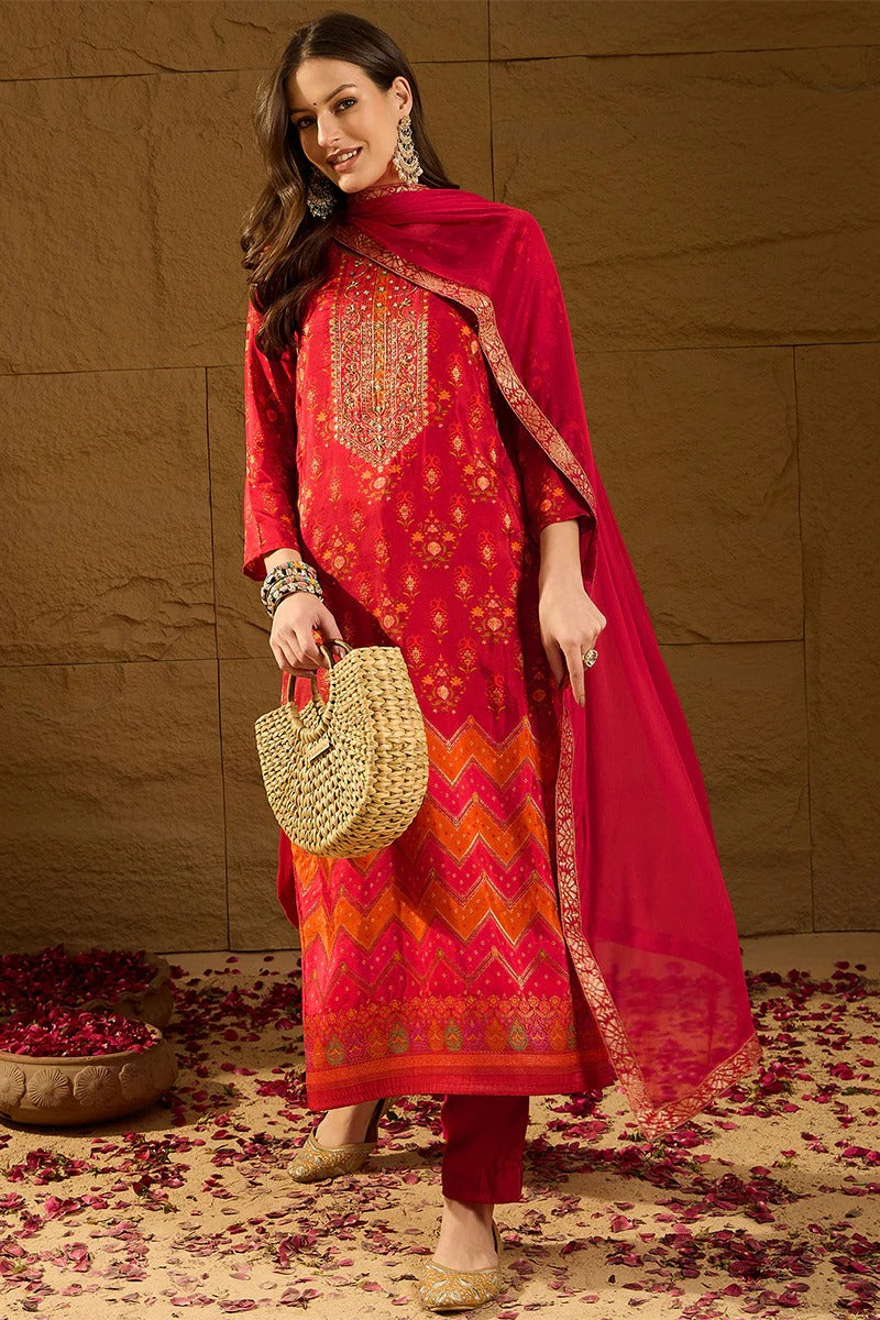 Red Silk Ethnic Motifs Woven Design Straight Kurta Trousers With Dupatta