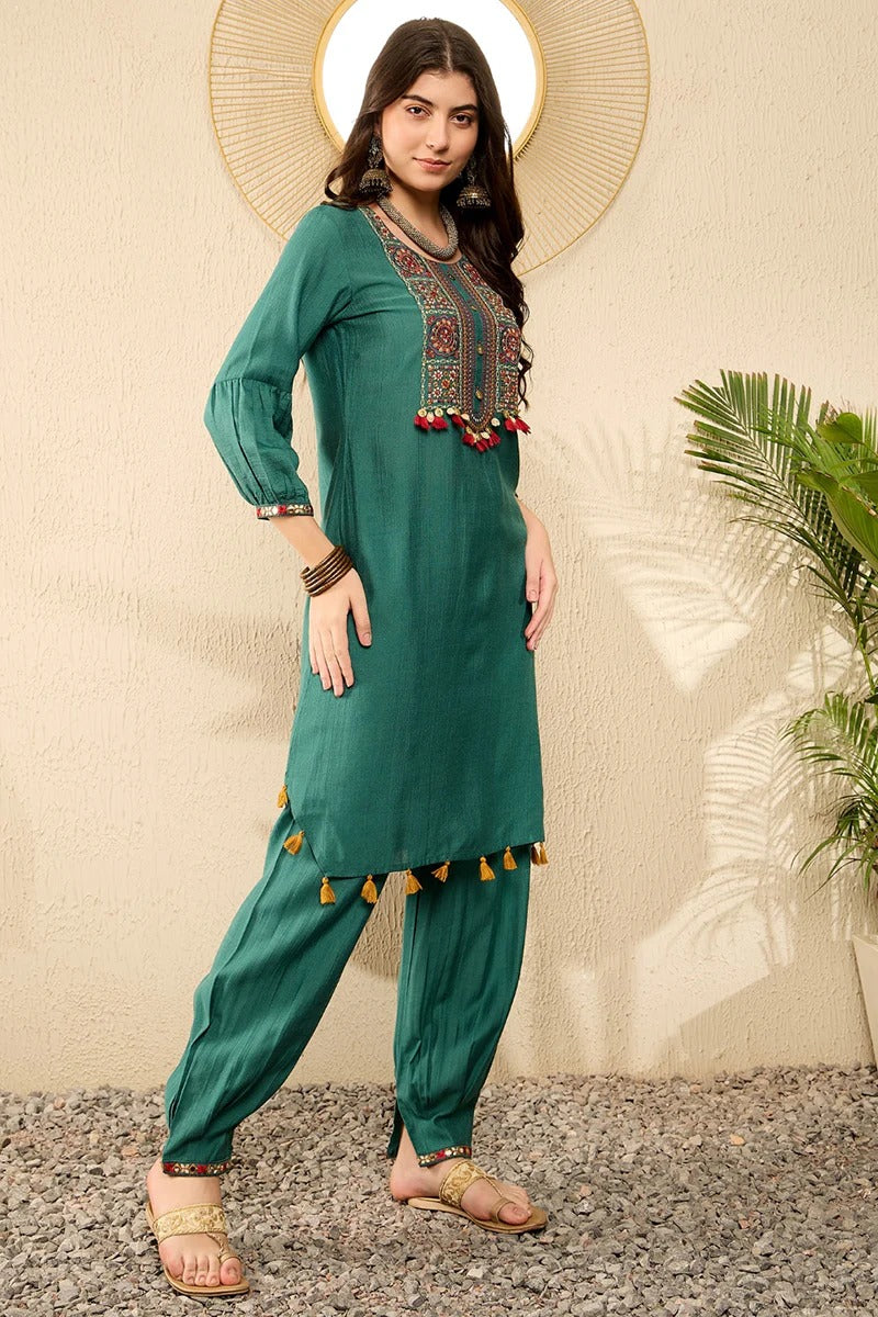 Teal Green Embroidered Viscose Rayon Straight Salwar Bottom Kurta Set